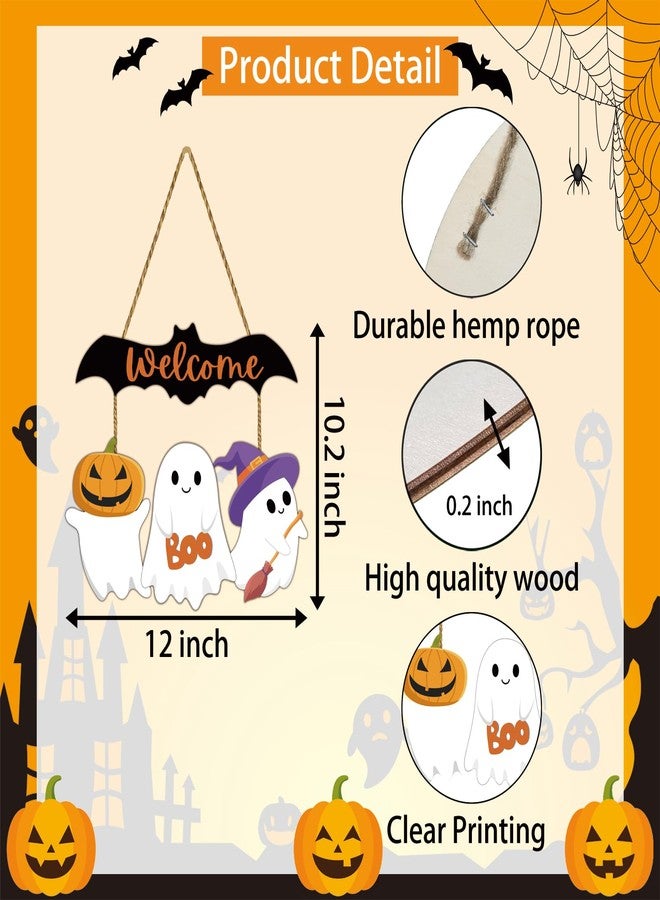 YUNKKIN Halloween Door Decorations Cute Ghost Decor Wreath Bat Welcome Sign Wooden Front Door Hanger Bat Ghost Hanging Sign Wreath for Wall Indoor Home Decor - Image 2